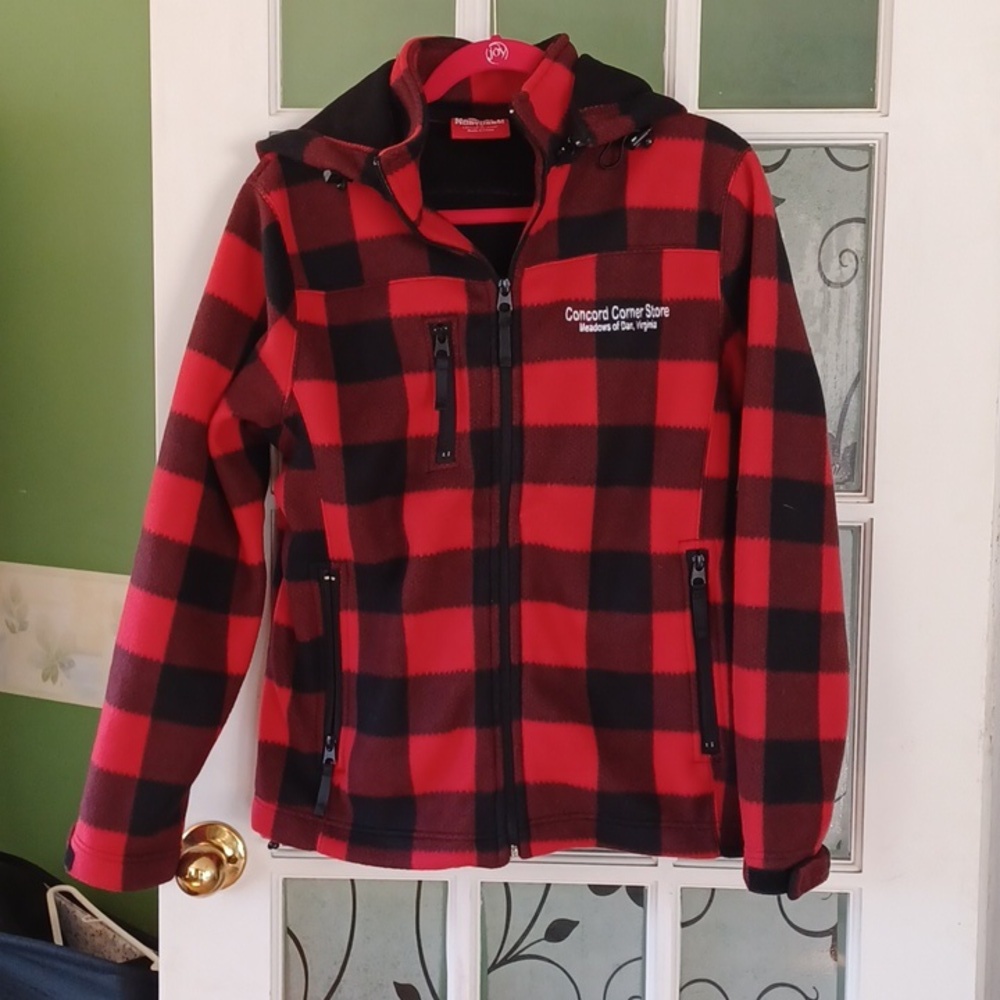 Northern fleece jacket hooded red and black plaid size large,  NEW